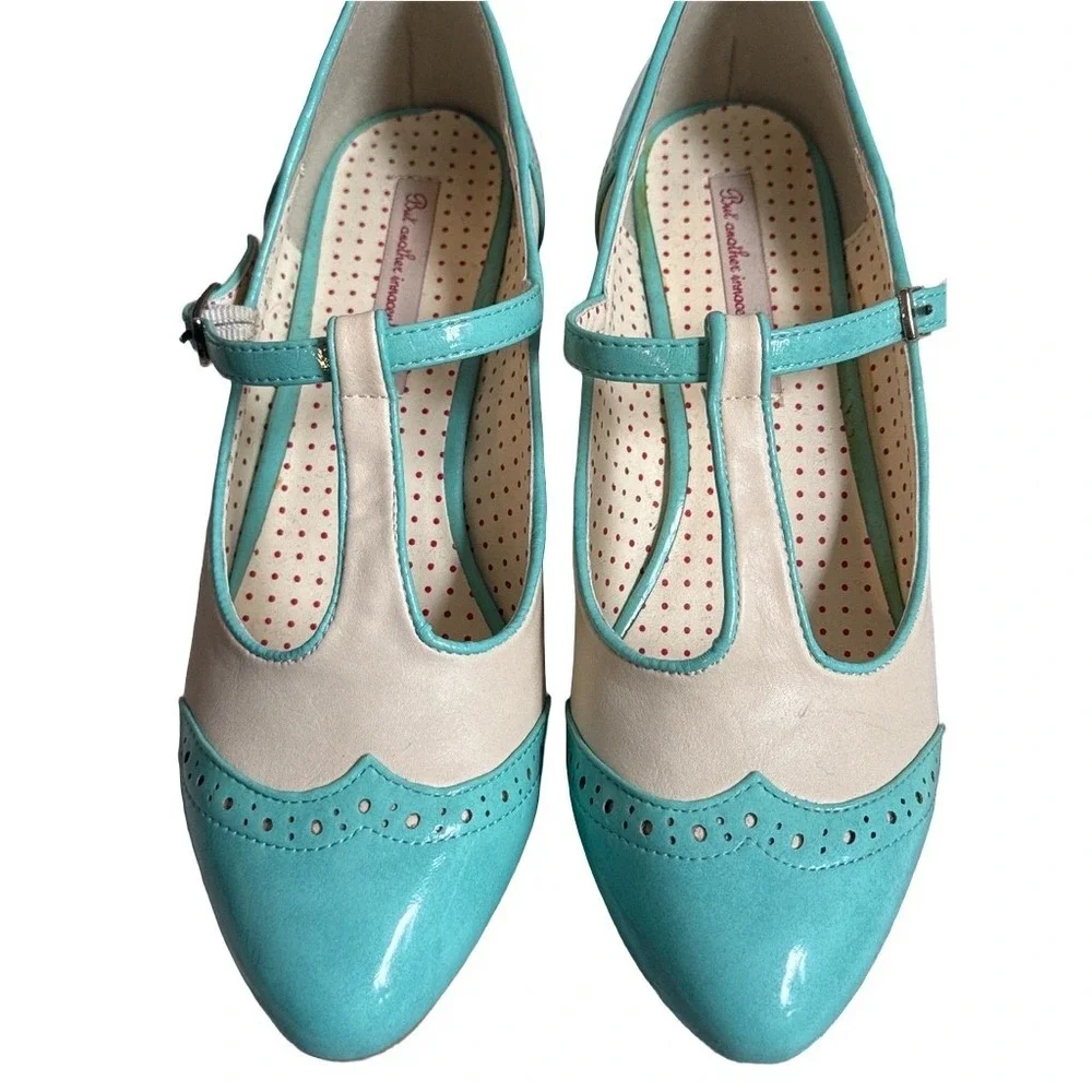 Retro Rockabilly BAIT Teal Mint Cream Wingtip T-Strap Pumps Size 10 Pin-up Retro